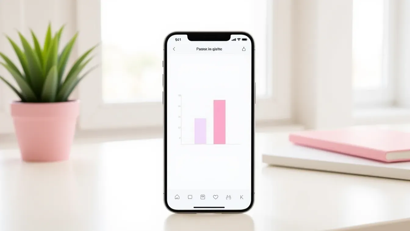 グラフが表示されたスマートフォンと観葉植物